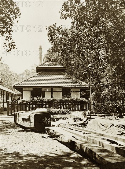 A Bombay dockyard. Discarded timber outside a government dockyard belonging to the Royal Indian Marine Service. Bombay (Mumbai), India, circa 1900. Mumbai, Maharashtra, India, Southern Asia, Asia.