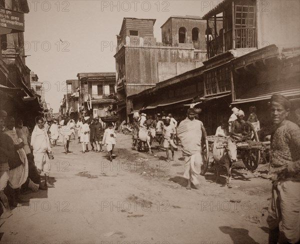 Street scene, India. Street scene in a town. Probably Bengal, India, circa 1890. India, Southern Asia, Asia.