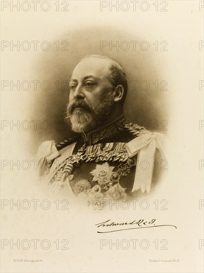 King Edward VII, circa 1902. Head and shoulders portrait of King Edward VII (1841-1910) of England. Location unknown, circa 1902.
