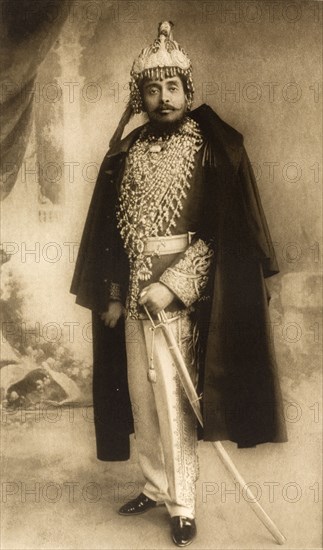 Maharajah of Nepal. Studio portrait of Chandra Shamsher Jang, Maharajah and hereditary Prime Minister of Nepal, finely dressed for the Coronation Durbar at Delhi. India, circa 1902. India, Southern Asia, Asia.