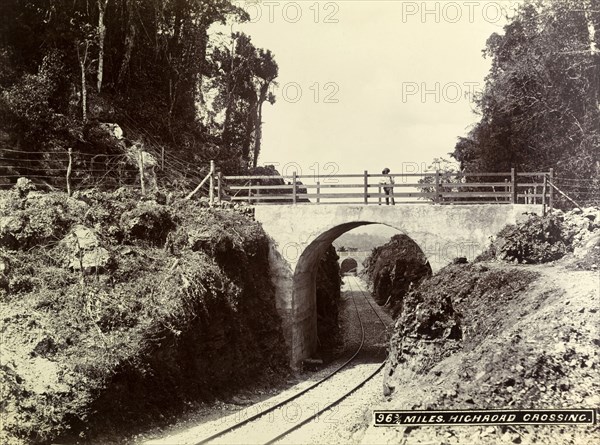Highroad Crossing', Jamaica. Two arched road bridges span the newly completed railway track at 'Highroad Crossing'. Jamaica, circa 1895. Jamaica, Caribbean, North America .