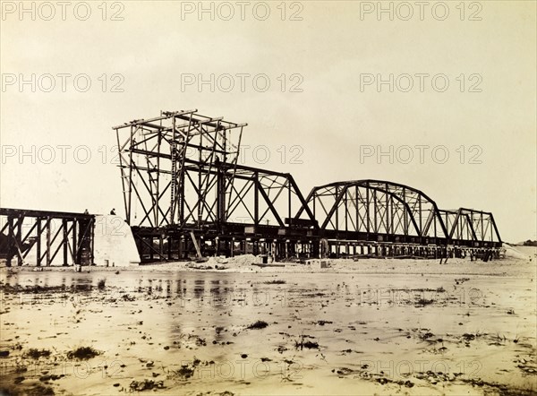 Bridge under construction. A railway bridge under construction on the Port Antonio extension line, a stretch of track that opened in 1896. Portland, Jamaica, circa 1895., Portland, Jamaica, Caribbean, North America .