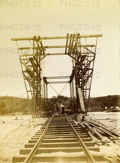 Bridge under construction. A railway bridge under construction on the Port Antonio extension line, a stretch of track that opened in 1896. Portland, Jamaica, circa 1895., Portland, Jamaica, Caribbean, North America .