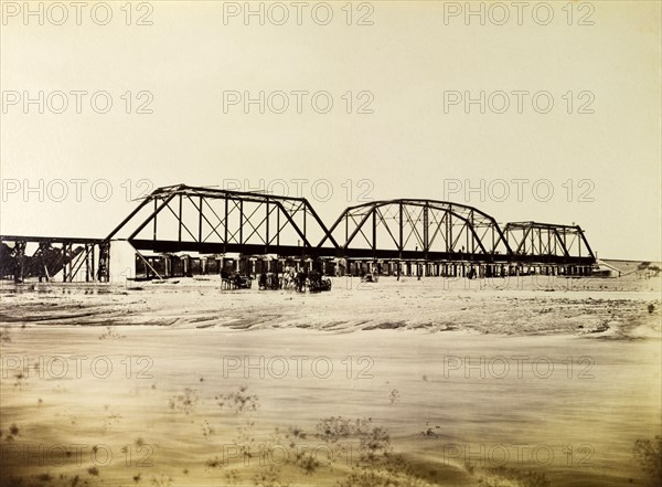 Bridge under construction. A railway bridge under construction on the Port Antonio extension line, a stretch of track that opened in 1896. Portland, Jamaica, circa 1895., Portland, Jamaica, Caribbean, North America .