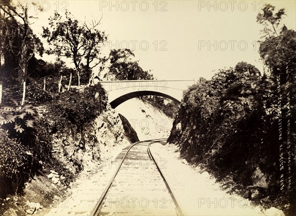 Port Antonio extension line. An arched road bridge crosses a stretch of railway track on the Port Antonio extension line. Portland, Jamaica, circa 1895., Portland, Jamaica, Caribbean, North America .