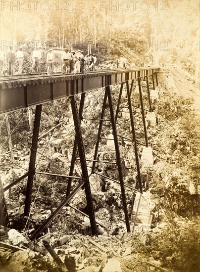 Railway viaduct, Jamaica. Construction workers pictured on a newly completed trestle bridge built across a steep valley. The bridge was one of several viaducts constructed to carry new railway lines. Jamaica, circa 1895. Jamaica, Caribbean, North America .
