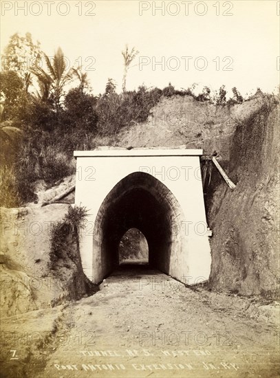 Railway tunnel 'No. 5'. Tunnel 'No. 5', shown before the construction of the railway track that would later run beneath it as part of the Port Antonio extension line. Portland, Jamaica, circa 1895., Portland, Jamaica, Caribbean, North America .