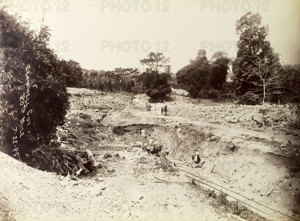 Railway construction site. Labourers at work on a construction site, landscaping a bank of earth to accomodate a new railway track. Jamaica, 23 July 1895. Jamaica, Caribbean, North America .