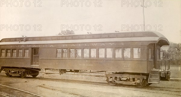 Combined class carriage, Jamaica. A Jamaica Railway combined first and third class carriage with baggage compartment. Jamaica, circa 1895. Jamaica, Caribbean, North America .