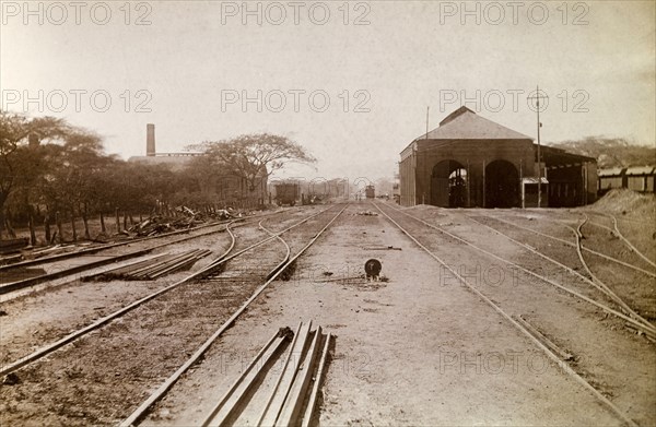 Railway sidings, Jamaica. Jamaica Railway sidings leading up to a railway shed. Jamaica, circa 1895. Jamaica, Caribbean, North America .