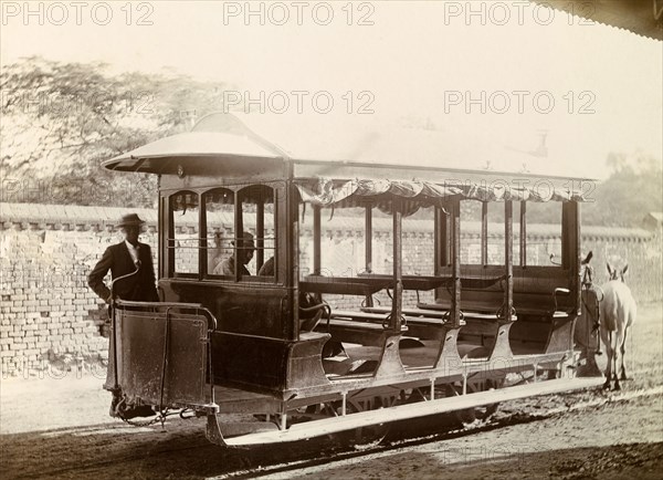 Horse-drawn tram, Jamaica. An open-sided tram is pulled along rails by two mules. Kingston, Jamaica, circa 1895. Kingston, Kingston, Jamaica, Caribbean, North America .