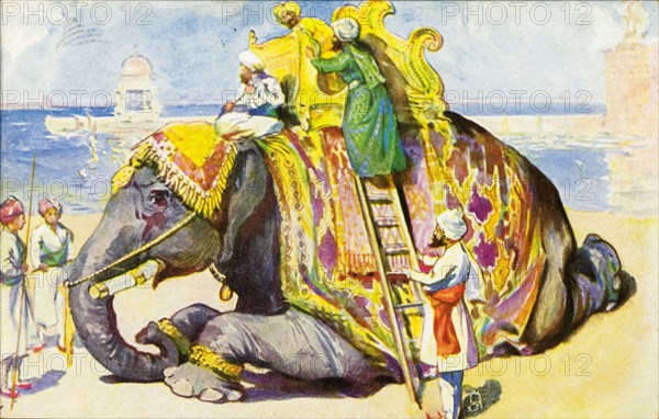 Mounting a royal tusker'. Illustration depicting three well-dressed Indian men mounting a royal elephant. One man is shown midway up a ladder, another is already seated inside the animal's ornate howdah. India, circa 1930. India, Southern Asia, Asia.