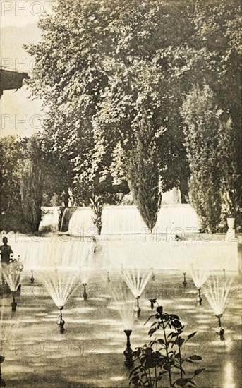 Shalimar Gardens, Srinagar. Fountains and waterfalls in the formal Shalimar Gardens. Srinagar, India, circa 1920. Srinagar, Jammu and Kashmir, India, Southern Asia, Asia.