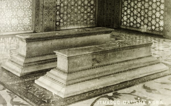 Itmad-Ud-Daulah's tomb. Interior shot of Itmad-Ud-Daulah's tomb, a 17th century Mughal mausoleum built from white marble and often regarded as the 'draft' for the famous Taj Mahal monument. Agra, United Provinces (Uttar Pradesh), India, circa 1925. Agra, Uttar Pradesh, India, Southern Asia, Asia.