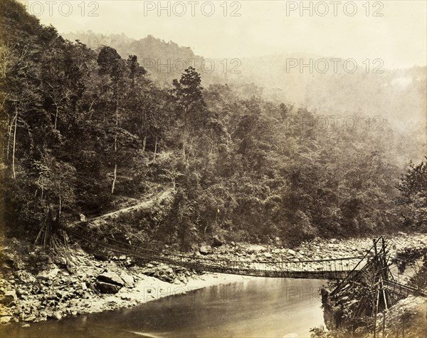 Bamboo rope bridge. A bamboo rope bridge suspended across the Rungeet River. Darjeeling, India, circa 1885. Darjeeling, West Bengal, India, Southern Asia, Asia.