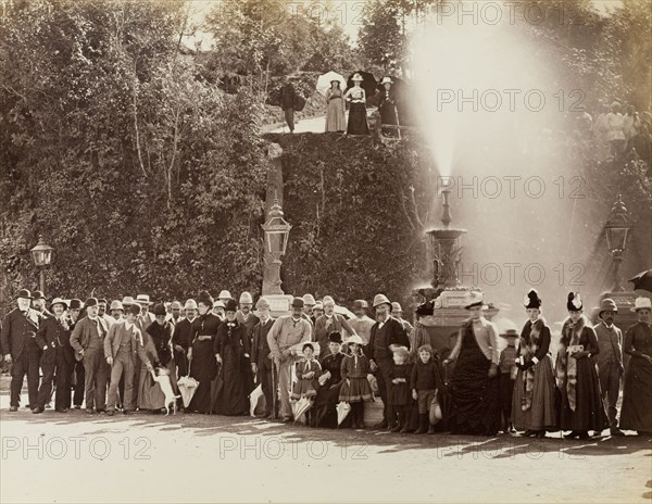 Unveiling a fountain. A crowd gathers for the unveiling of a fountain by the Maharajah of Cooch Behar. The new fountain was situated opposite the bandstand in Darjeeling's 'chowrasta', the equivalent of a town square. Darjeeling, India, circa 1885. Darjeeling, West Bengal, India, Southern Asia, Asia.