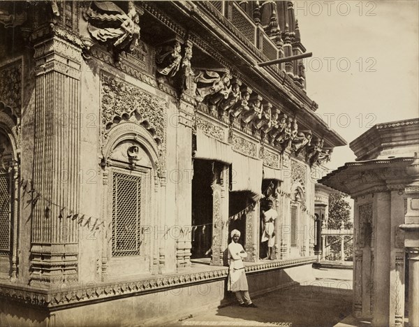 Raja Amethi's temple. View of an exterior carved stone wall, decorated with strings of bunting, at Raja Amethi's Hindu temple. Benares, North Western Provinces (Varanasi, Uttar Pradesh), India, circa 1885. Varanasi, Uttar Pradesh, India, Southern Asia, Asia.