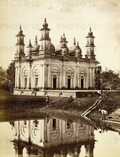 The Shahbani Begum mosque. The decorative domes of the Shahbani Begum mosque are reflected in the calm waters of a pool at Ballygunge. Calcutta (Kolkata), India, circa 1870. Kolkata, West Bengal, India, Southern Asia, Asia.