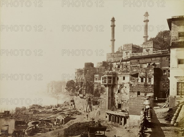 Panchganga Ghat, circa 1870. The minarets of Aurangzeb's mosque overlook Panchganga Ghat on the River Ganges. Benares, North Western Provinces (Varanasi, Uttar Pradesh), India, circa 1870. Varanasi, Uttar Pradesh, India, Southern Asia, Asia.