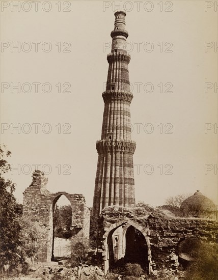 Qutb Minar, circa 1880. View of the Qutb Minar, one of the greatest monuments of Islamic architecture in India. At 72.5 metres tall, the celebratory victory tower was built to accompany the Quwwat-ul-Islam mosque, and was probably inspired by the style of Afghan minarets. Delhi, India, circa 1880. Delhi, Delhi, India, Southern Asia, Asia.