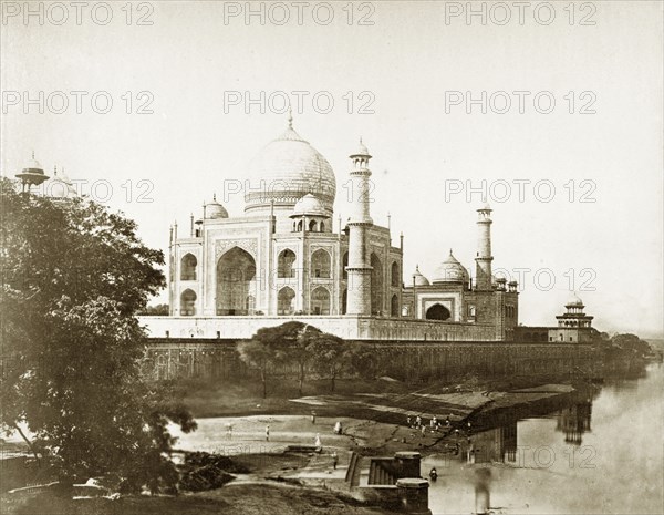 Taj Mahal from the river, circa 1885. The Taj Mahal as seen from the banks of the Yamuna River. A masonry bathing ghat (stepped wharf) leads down to the river in the foreground. Agra, North Western Provinces (Uttar Pradesh), India, circa 1885. Agra, Uttar Pradesh, India, Southern Asia, Asia.