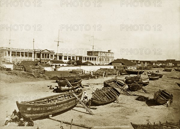Surf boats at Madras. Surf boats on the beach at Madras. Madras, Madras Presidency (Chennai, Tamil Nadu), India, 1885. Chennai, Tamil Nadu, India, Southern Asia, Asia.