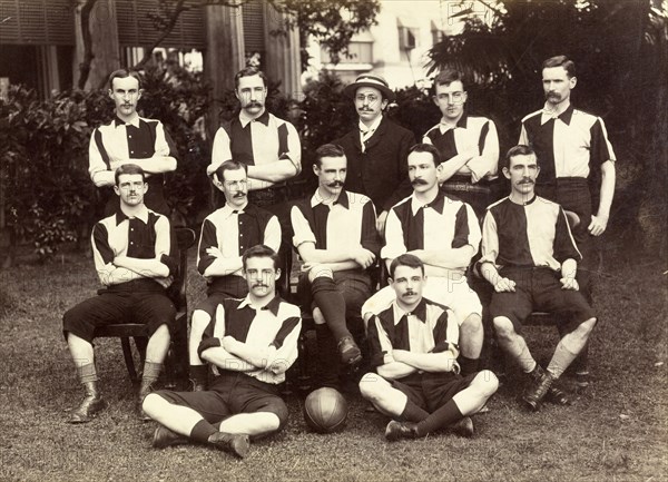 Dalhousie football team. Group portrait of a European football team, dressed in full strip at Dalhousie Football Club. Dalhousie, India, circa 1889. Dalhousie, Himachal Pradesh, India, Southern Asia, Asia.