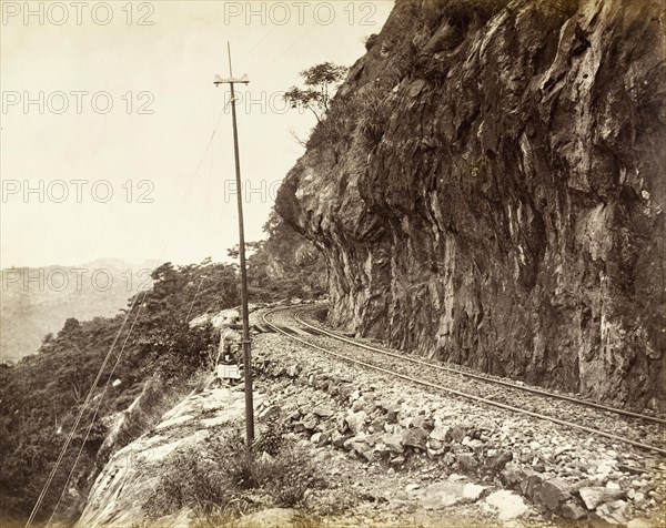 Colombo to Kandy railway. A stretch of track clings to the mountainside on the Colombo to Kandy railway line. Ceylon (Sri Lanka), circa 1885., Central (Sri Lanka), Sri Lanka, Southern Asia, Asia.