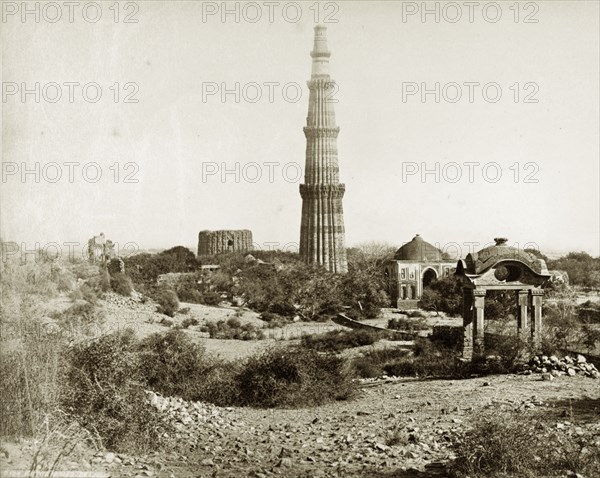 Qutb Minar, circa 1880. View of the Qutb Minar, one of the greatest monuments of Islamic architecture in India. At 72.5 metres tall, it was built as a celebratory victory tower to accompany the Quwwat-ul-Islam mosque, and was probably inspired by the style of Afghan minarets. Delhi, India, circa 1880. Delhi, Delhi, India, Southern Asia, Asia.