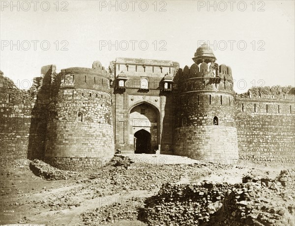 Gateway to the Purana Kila. Stone buttresses fortify the gateway to the Purana Kila (Old Fort). New Delhi, India, circa 1885., Delhi, India, Southern Asia, Asia.