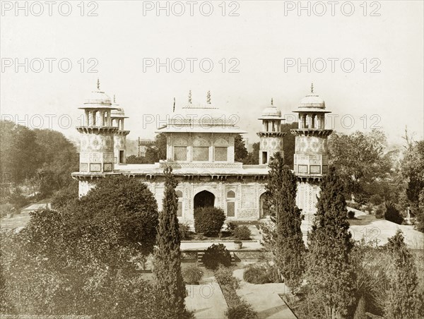 Itmad-Ud-Daulah's tomb, circa 1885. Exterior view of Itmad-Ud-Daulah's tomb, a 17th century Mughal mausoleum built from white marble and often regarded as the 'draft' for the famous Taj Mahal monument. Agra, North Western Provinces (Uttar Pradesh), India, circa 1885. Agra, Uttar Pradesh, India, Southern Asia, Asia.