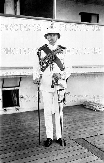 The Duke of Teck. Portrait of the Duke of Teck (1868-1927), pictured in uniform on the deck of HMS Medina. The royal yacht was transporting King George V and Queen Mary (the Duke's daughter) to India for the Coronation Durbar at Delhi. Indian Ocean near Mumbai, India, circa 30 November 1911. India, Southern Asia, Asia.