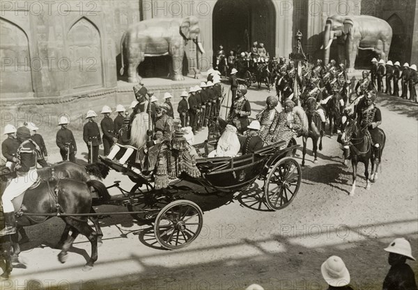 Procession of state entry. Nawab Sultan Jahan Begum (1858-1930), the Muslim ruler of Bhopal, enters the Delhi Fort in the procession of state entry held for King George V's Coronation Durbar. Delhi, India, 7 December 1911. Delhi, Delhi, India, Southern Asia, Asia.