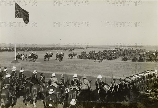 The Royal Horse Artillery. A section of the Royal Horse Artillery parades past spectators during a display at King George V's Coronation Durbar. Delhi, India, 13 December 1911. Delhi, Delhi, India, Southern Asia, Asia.