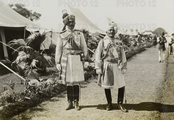 The Maharajahs of Bikanir and Idar. Portrait of Sir Ganga Singh, the Maharajah of Bikanir, and Sir Pertab Singh, the Maharajah of Idar, pictured in the tent city at the Coronation Durbar. Delhi, India, 7-15 December 1911. Delhi, Delhi, India, Southern Asia, Asia.