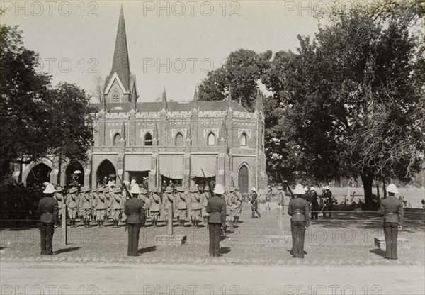 Inspection of the Bihar Light Horse. King George V (r.1910-36) inspects the Bihar Light Horse regiment outside a church in Arrah. The King stopped here on his way to Nepal following the Coronation Durbar that took place in Delhi on 12 December. Arrah, Bihar, India, 17 December 1911. Arrah, Bihar, India, Southern Asia, Asia.