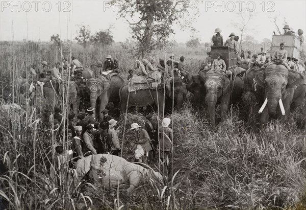 King George V's first rhinoceros. Members of a royal hunting party inspect the carcass of a rhinoceros shot by King George V, the first of eight he would shoot within ten days. The King travelled to Nepal to hunt in Chitwan Valley following his Coronation Durbar in Delhi. Narayani, Nepal, 18 December 1911., Narayani, Nepal, Southern Asia, Asia.