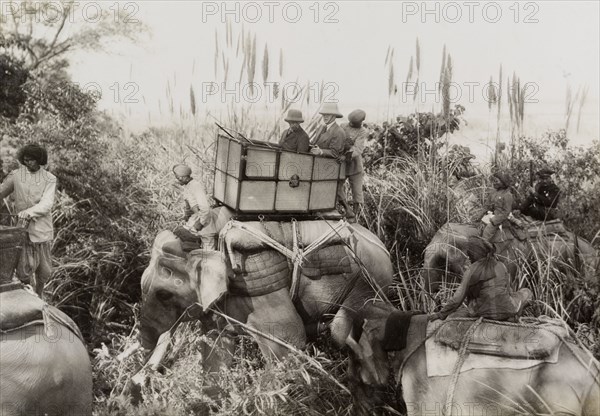 King George V in the jungle. King George V (r.1910-36) and his royal aide ride through the jungle on an elephant during a hunt in Chitwan Valley hosted by the Maharajah of Nepal. Narayani, Nepal, circa 18 December 1911., Narayani, Nepal, Southern Asia, Asia.