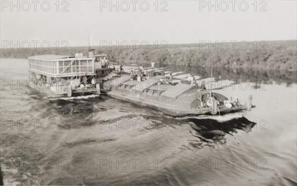 Nile steamer with barges. A steamer attended by barges makes its way along the River Nile in the sudd, a vast area of swampland formed by the River Nile in southern Sudan. Malakal, Sudan, 1946. Malakal, Upper Nile, Sudan, Eastern Africa, Africa.