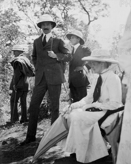Princess Patricia admires the Victoria Falls. Princess Patricia, The Duke of Connaught's daughter, sits in a chair at the edge of a cliff to admire a view of the Victoria Falls. This was one of several stops made by the Duke and his royal entourage following an official visit to Cape Town to open the new Union Parliament. Matabeleland, Southern Rhodesia (Matabeleland North, Zimbabwe), 12 November 1910., Matabeleland North, Zimbabwe, Southern Africa, Africa.