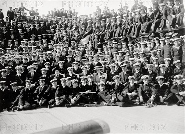 Crew of the S.S. Balmoral Castle. The Duke and Duchess of Connaught (second row) assemble for a photograph on deck with the crew of the S.S. Balmoral Castle. Highly decorated servicemen are positioned near the front, whilst lower-ranking officers gather at the back. Durban, Natal (KwaZulu Natal), South Africa, circa 2 December 1910. Durban, KwaZulu Natal, South Africa, Southern Africa, Africa.