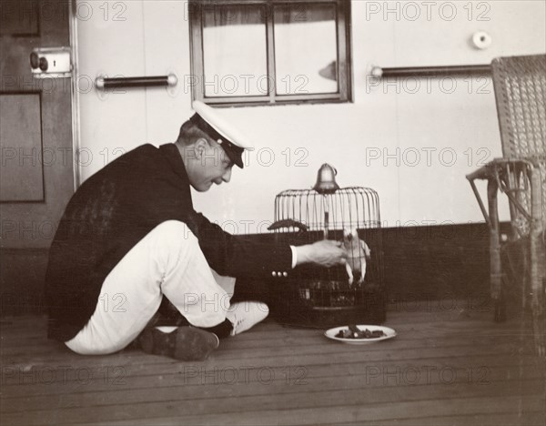 Caged parrot aboard the S.S. Balmoral Castle. A British naval officer sits cross-legged on the deck of the S.S. Balmoral Castle as he feeds a parrot through the bars of its cage. The ship was transporting the Duke and Duchess of Connaught to England from South Africa, where they had recently opened the new Union Parliament in Cape Town. Probably Indian Ocean, Africa, circa 2 December 1910. Africa.