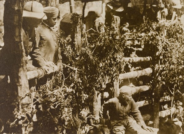 Maharajah at the stockade. The Maharajah of Mysore (Krishna Raja Wadiyar IV, 1884-1940) and his guest, Lord Minto, watch as a herd of wild elephants captured in the Kakankota Forests are restrained in a stockade beneath them. Karnataka, India, 1909., Karnataka, India, Southern Asia, Asia.