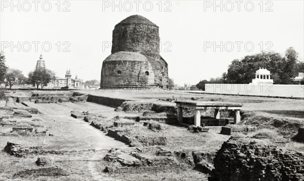 The Dhamekh Stupa. The sacred Dhamekh Stupa, a dome-shaped Buddhist monument built in around 500AD. Sarnath, United Provinces (Uttar Pradesh), India, circa 1925. Sarnath, Uttar Pradesh, India, Southern Asia, Asia.