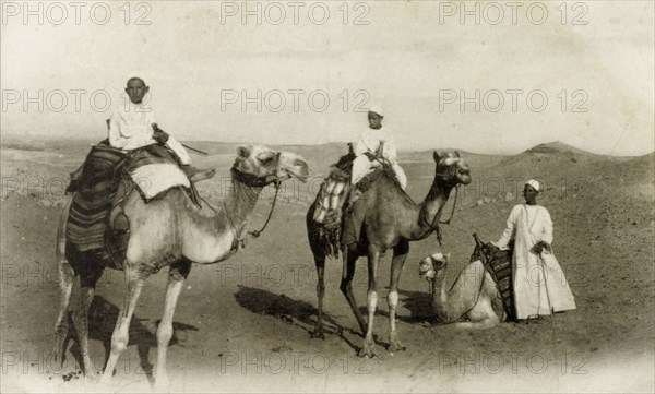 Camel riding, Egypt. An Arab man and two boys ride camels in the desert. Egypt, circa 1925. Egypt, Northern Africa, Africa.