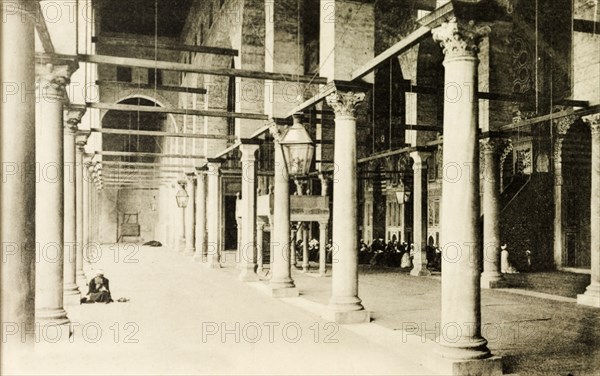 Moerirt Mosque, Cairo. An open colonnade lined with pillars inside the Moerirt Mosque. Cairo, circa 1925. Cairo, Cairo, Egypt, Northern Africa, Africa.