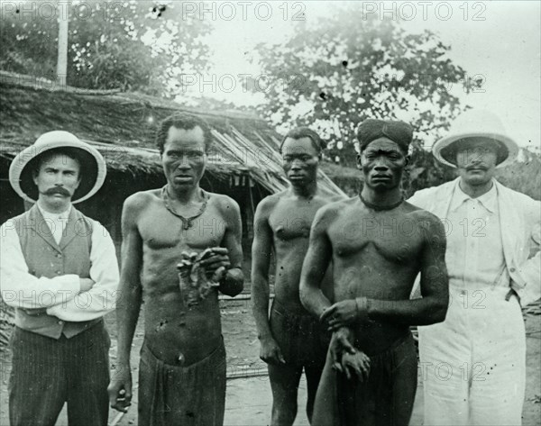 Congo Free State murders. Congolese rubber slaves display the severed hands of two fellow workers, murdered by sentries of the Anglo-Belgian India Rubber company (ABIR). The European men pictured are Mr Stannard and Mr Harris of the Congo Balolo Mission at Baringa. Nsongo, Congo Free State (Democratic Republic of Congo), May 1904. Nsongo, Kongo Central, Congo, Democratic Republic of, Central Africa, Africa.