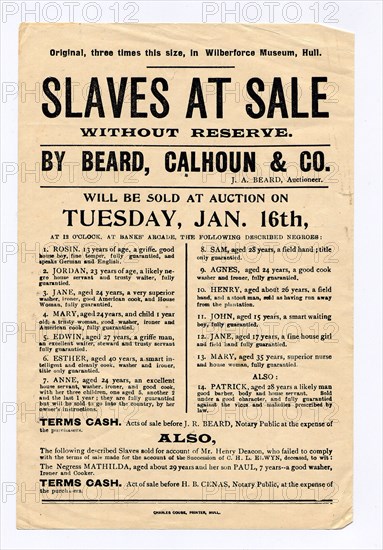 US slave sale poster. Poster advertising the public auction of 14 slaves. United States of America, circa 1830. United States of America, North America, North America .