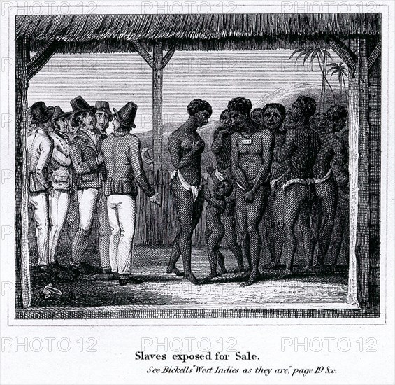 Slaves exposed for sale. Prospective European buyers haggle over a group of imported African slaves, 'exposed for sale' at a slave auction. Carribean, circa 1820., Caribbean, North America .