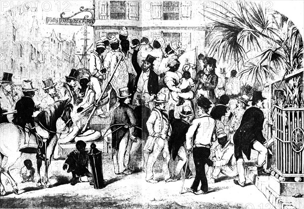 Slave auction at Charleston. Prospective American buyers haggle over a group of imported African slaves being sold at an auction in the centre of town. Charleston, South Carolina, United States of America, 1856. Charleston, South Carolina, United States of America, North America, North America .